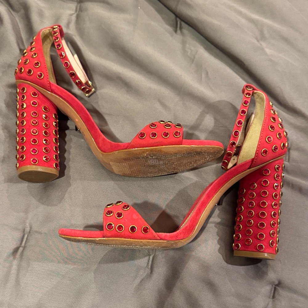 SCHUTZ Red Suede Studded Sandal Ankle Strap Heels 7.5